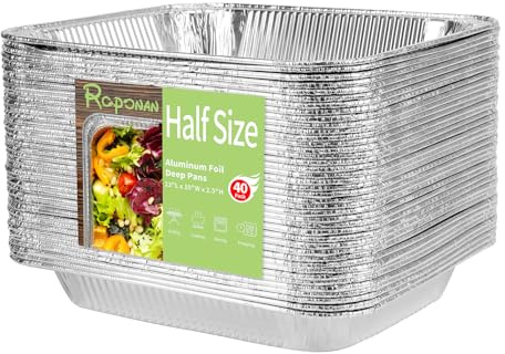Roponan 33 x 23 cm Aluminum Foil Pans, 40-Pack Extra Heavy Duty Half Size Disposable Aluminum Foil Containers, Deep Steam Trays for Cooking, Baking, Grilling, Roasting, Heating & Serving Food