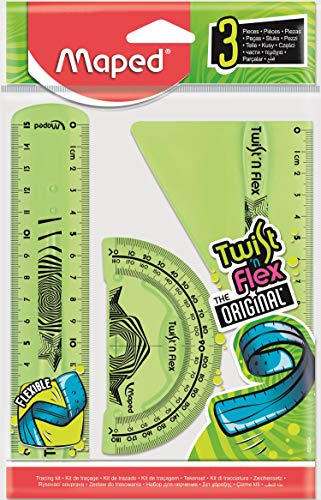 Maped - Reglas Escolares - Twist'n Flex Decor - Mini Kit de 3 Piezas - 1 Regla de 15 cm, 1 Cartabón de 60° y 1 Transportador de Ángulos 180° - Material Flexible e Irrompible - Diseño Lúdico