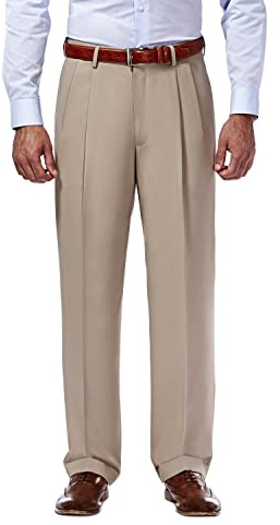 Haggar mens Mynx Gabardine Hidden Expandable Waistband Classic Fit Front Pleated dress pants, Tan, 38W x 29L US