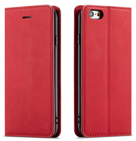 QLTYPRI Hülle für iPhone 6 Plus 6S Plus, Premium Dünne Ledertasche Handyhülle mit Kartenfach Ständer Flip Schutzhülle Kompatibel mit iPhone 6 Plus 6S Plus - Rot