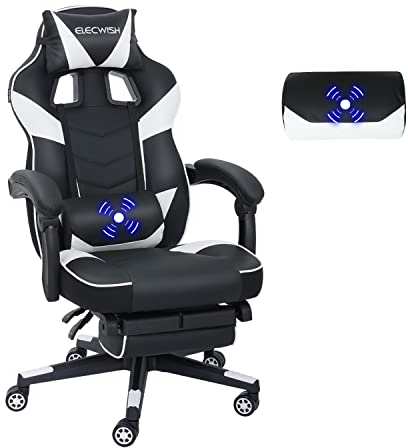YU YUSING Gaming Stuhl Bürostuhl Massage, Racing Gamer Stuhl, Drehsessel Hochenverstellbar mit Fußstütze,Abnehmbare Kopfstütze, 90-150° Rückenlehne Verstellbar,Lendenkissen, Ergonomischer (Weiß)