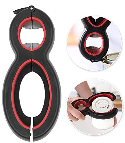 Tang Yuan 6-in-1-Mehrzweck-Flaschenöffner aus Metall und Plastik, Schwarz und Rot, Manuell, Behälteröffner, CAN_OPENER