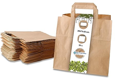 BIOZOYG 25x Papiertragetaschen 26 x 17 x 25 cm - braune Papiertüten mit Henkel Einkaufstüten - Papiertaschen Geschenktüten Tragetaschen Recyclingpapier