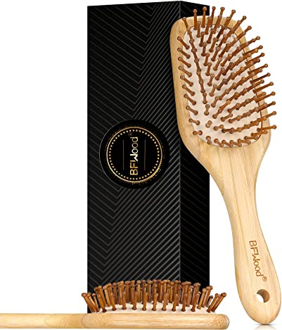 Bamboo Hair Brush with Paddle, Rounded Wood Bristles for Detangling and Gently Massaging Scalp by BFWood, Reduces Frizz and Static