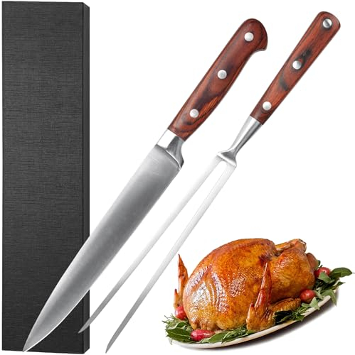 GiReich Set 2 Utensili da Barbecue (Coltello Barbecue + Forchettone) Acciaio Inossidabile con Manico in Legno, Accessori per la Cucina