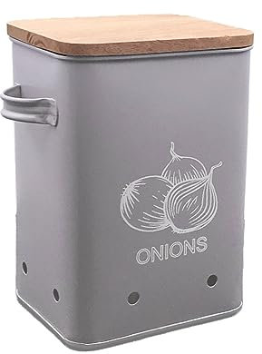 Nobel Onions Storage Tin,Container With Wooden Airlight Lid, With Holes Aerating Holes & Non -Slip Bases Pads - Grey