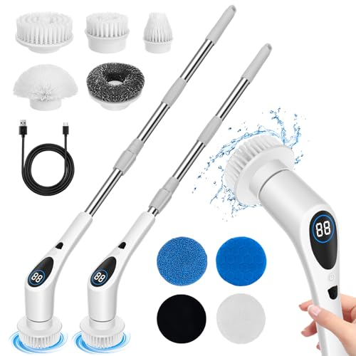 BlumWay Power Spin Scrubber Brosse de nettoyage électrique avec 9 têtes interchangeables 3 vitesses réglables Brosse de nettoyage de douche pour cuisine, salle de bain, sol carrelé, barbecue