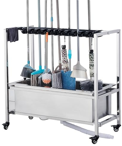 TRGCJGH Reinigungswagen Mobiles Spültisch Edelstahl Housekeeping Caddy mit Regalen Besen Besenhalterung(128cm/50.3in,20Slots and 24 Hooks)