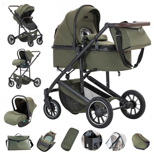 Gcarebb 3 in 1 Kinderwagen, Buggy Mit Auto Babyschale, Mit Höhenverstellbarer Kinderwagen Komplettset, KombiKinderwagen Mit Aluminiumrahmen für Neugeborene 0-4 Jahre