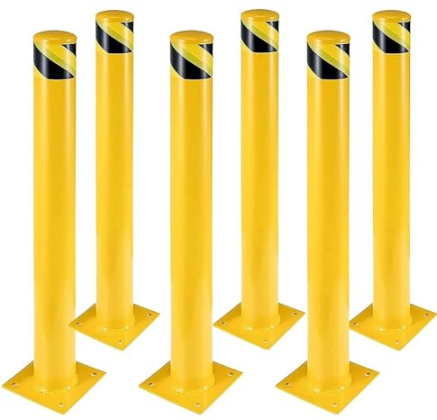 Safety Bollard, 6 Packs 48 Inch Height Bollard Post, 4.5 Inch Diameter, Yellow Safety Steel Bollard Post, with 24 Anchor Bolts, for Traffic Control, Driveway Barrier, Parking Pole