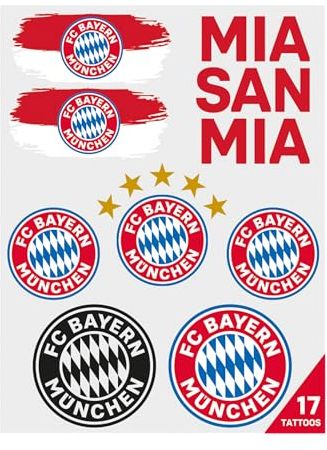 FC Bayern München Tattoo Set - 2 Bögen mit 17 Mehrfarbigen Hauttattoos, 12,5x9,5 cm, Fanartikel für Kinder & Erwachsene