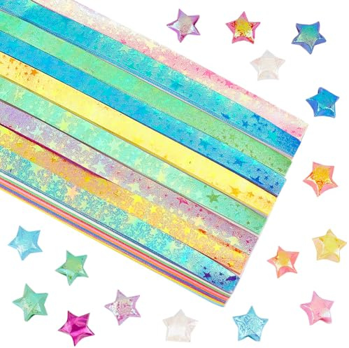SUNNYCLUE 900Pcs 10 Colors Origami Star Paper Folding Stars Lucky Colorful Glitter Shimmer Rectangle Decoration Origamis Strip for Thanksgiving Christmas Arts DIY Handmade School Teaching Supplies