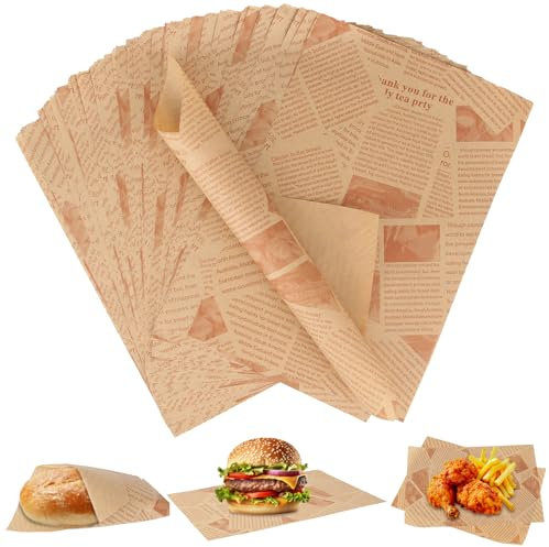 150 ark bakpapper tidningsoptik, hamburgare papper vattentätt och oljebeständigt, stort format 30 × 20 cm smörgåspapper, ostpapper, non-stick bakpapper för smörgåsar, pommes frites, hamburgare, kakor