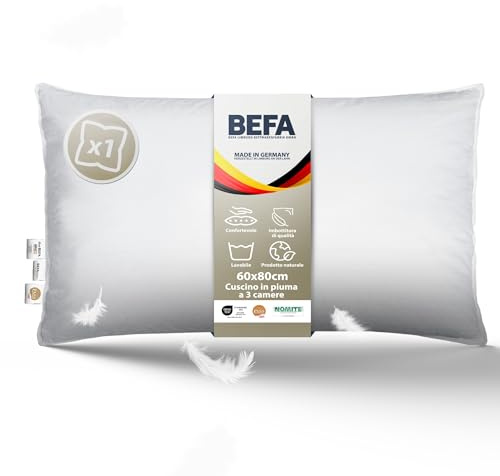 BEFA NATUR Cuscino in piuma 60 x 80 cm, cuscino a 3 camere, 90% piumino e 10% cuscino in piuma, peso di riempimento 1050 g, adatto per chi soffre di allergie (NOMITE), per il benessere degli animali