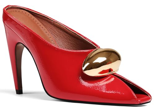 Oiamenne Stiletto Heels for Women Peep Toe Heeled Mules Sandals Pointed Toe Pumps High Heeled Sandals for Women Comfortable Casual Wedding Office Dating Dress Shoes, Patent Red, 8 UK