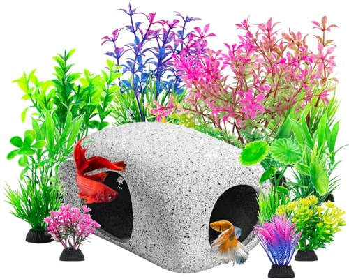 CousDUoBe 13Pcs Aquarium Hideaway Rock Cave Fish Tank Decorations quarium,Betta Toys Hideout Stones House,Safe and Non-Toxic Ceramic Fish Tank Ornaments（Style B）