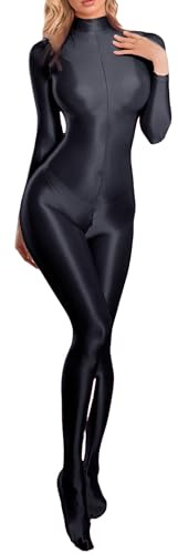 Women's Oil Shiny Glossy Jumpsuit Sexy High Neck Unitard Long Sleeve Yoga Full Bodystocking Catsuit Bodysuit One Piece Zip-Front Jumpsuits Black M