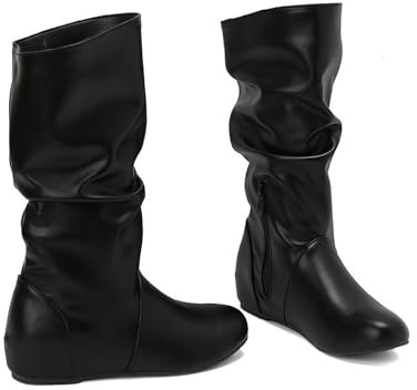 KUHAOFEU Stivali Piatti da Donna a metà Polpaccio Tacchi Bassi Stivali Cowgirl Slouchy,Nero,47 EU