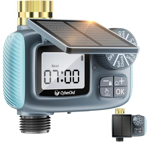 CyberOrd Solar Water Timer 3/4 with Brass Inlet Solar Powered Irrigation Hose Timer with Rain Delay & LCD, Automatic/Manual Programmable Outdoor Sprinkler Timers for Garden, Lawn, Yard & Drip Systems