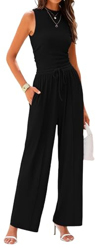 Rayson Tuta Donna Casual 2 Pezzi Estate Completo Canotta Senza Maniche e Vita Alta a Gamba Larga Pantaloni Lunghi Tasche con Coulisse Tinta Unita（Nero,XL）