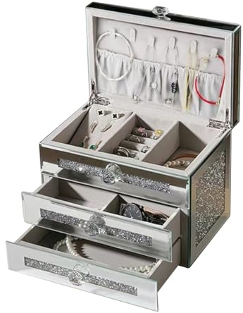 diceevil Mirrored Jewelry Box 3-Layer 2 Drawers Jewelry Holder, Large Capacity Jewellery Organiser, Glass Jewellery Storage Case for Necklaces, Earrings, Rings, Bracelets (Silver)