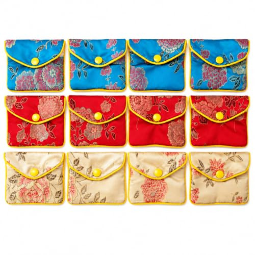 AKORD Silk Jewellery Pouches, Floral Gift Bags & Coin Purses, 12 Pack | Present rings, earrings and small gifts in colourful brocade pouches with easy press-stud closures