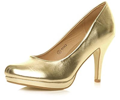 Womens Ladies mid high Heel Platform Work Evening Court Shoes Pumps, Gold Metallic, 5 UK