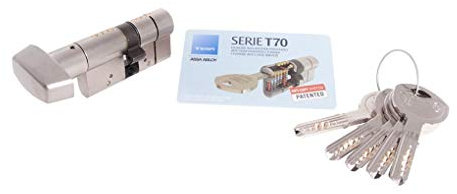 Tesa Assa Abloy Cilindro de Alta Seguridad T70, Botón - Leva Larga, Niquelado, 35 x 35 mm