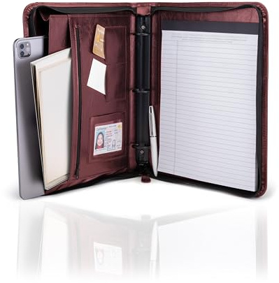 Travigo 3-Ring Zipper Portfolio Binder | 1.25 Faux Leather Padfolio with Zipper for Women & Men | Professional Business Portfolio Folder with Writing Pad, Gusseted File Pocket, ID Window (Burgundy)