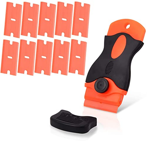 Phoetya Razor Blade Scrapers,Plastic Scraper with 10 Pack Replacement Blades,Sticky Removal Tool for Removing Glue Sticker Decals Tint Paint Labels from Glass Window Floor