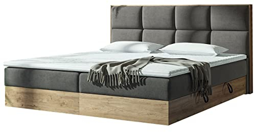 Boxspringbett Marinez, Polsterbett mit 2 Bettkästen + Gasdruckfedern, Doppelbett mit Topper und Matratze, Bett mit Polsterkopfteil, Bettgestell für Schlafzimmer (Soro 97, 180 x 200 cm)
