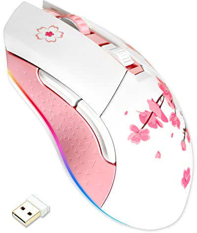 DAREU Raton Gaming inalambrico Sakura Pink, 2 Modo, 6 Botones programables, 10K dpi, RGB y 7 Niveles de PPP Ajustables hasta [150 IPS] [frecuencia de sondeo de 1000 Hz] para PC, portátiles y Mac