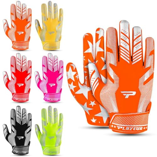 PLAYEUR Sticky Receiver Adult and Kids Football Gloves - Stretch Fit, Durable Grip | Youth Football Gloves for Boys 8-12 in Vibrant Colors