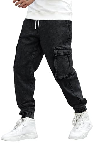 OYOANGLE Men's Drawstring Waist Flap Pocket Jogger Cargo Pants Carrot Denim Jeans with Pocket Black Small