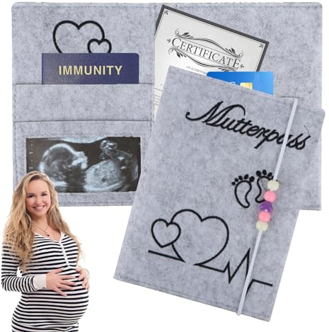 Mutterpass Schutzhülle aus Filz, Mutterpasshülle mit Fächern, Handgefertigt Mutterpasshüllen, Hellgrau Mutterpass Organizer zur Aufbewahrung Impfpass Ultraschallbildern Versichertenkarte etc
