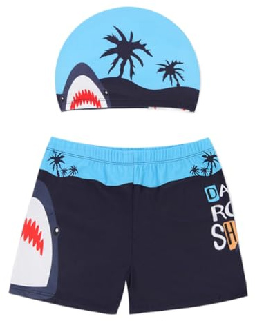 WJRQD Ensemble Maillot de Bain et Bonnet de Bain pour Enfants, Maillot de Bain pour Garçon, Short de Bain et Bonnet de Bain Dinosaure de Dessin Animé pour Enfants, Enfants de 6 à 8 Ans