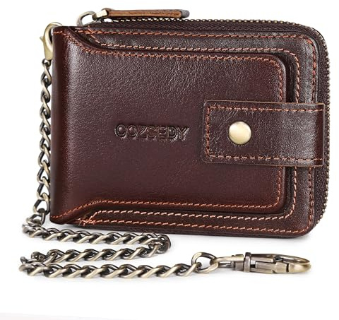 Chain Wallets For Men RFID Blocking Leather Mens Wallet With Zipper, Flap ID Window Zip Coin Pocket Bifold Card Wallets Big Capacity For Travel (Coffee)