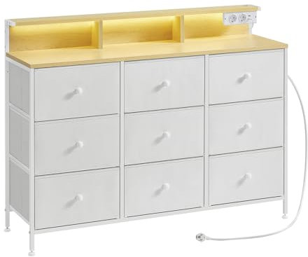 SONGMICS Commode, Armoire de Rangement avec 9 tiroirs et éclairage LED, multiprise, Cadre en Acier, 33,5 x 114 x 84 cm, pour Chambre à Coucher, Salon, Blanc Nuage LTS519W02