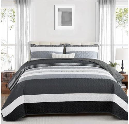 WONGS BEDDING Tagesdecke 220x240 Schwarz Weiß Schlieren Bettdecke 3 teilig Doppelbett Gesteppt Bettüberwurf Mikrofaser Wohndecke mit 2 Kissenbezug 50x75 für Schlafzimmer Sofaüberwurf