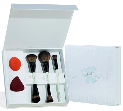 Jessup Pinceles de Maquillaje Facial con Esponja Maquillaje,3 Brochas Maquillaje Doble Punta para Base,Contorno,Rubor, Iluminador y Corrector,set brochas maquillaje con caja de regalo, T510