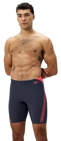 Speedo Hyperboom Splice Jammer da Nuoto per Uomo, Grey Lead/Neon Coral, 30