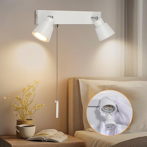 TaFiCo 2 Way White Wall Lights with Pull Cord Switch GU10 - Modern Pull Cord Light Switch 350° Rotatable - Indoor Wall Sconce Lights for Bedroom Bedside Living Room Kitchen Desk - Bulb Not Included