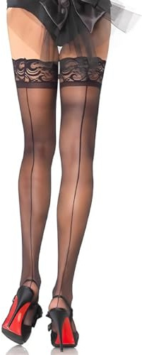NHQ Bas en Nylon à Couture en Dentelle Pour Femmes - Autofixants en Microfibre, Porte Jarretelles de Cuisse Transparent, Dessins Sexy