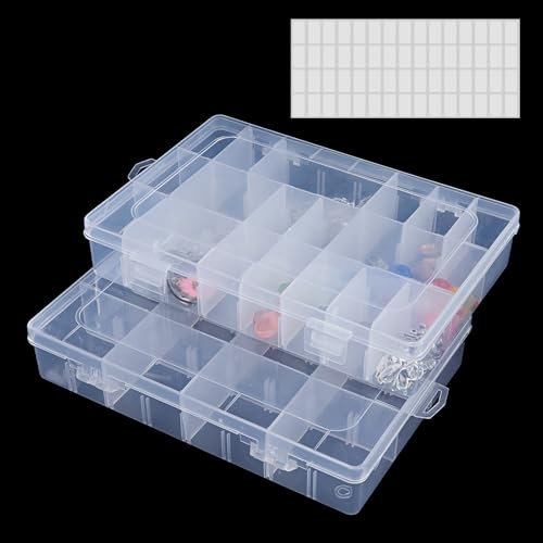 WEDAMOO 2 Pezzi Scatole Portaoggetti in Plastica Trasparenti, Organizer Gioielli 24 Scomparti, Scomparto Regolabile Scatola di Smistamento Scatola per Perline, Viti, Filo da Cucito, Piccoli Oggetti