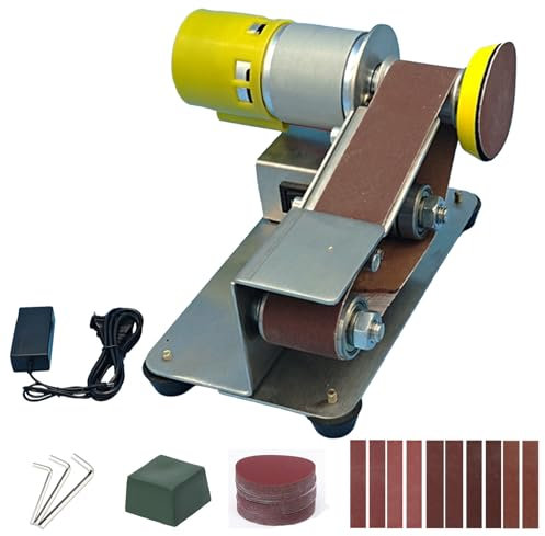 Mini Lijadora de Banda, Pulidora Ajustable de 7 Etapas, Lijadora de Banda Eléctrica, Lijadora de Disco de Banda Suministrada con 10 Bandas de Lijado de 330x30 mm, Disco de Lijado y Disco se Pulido