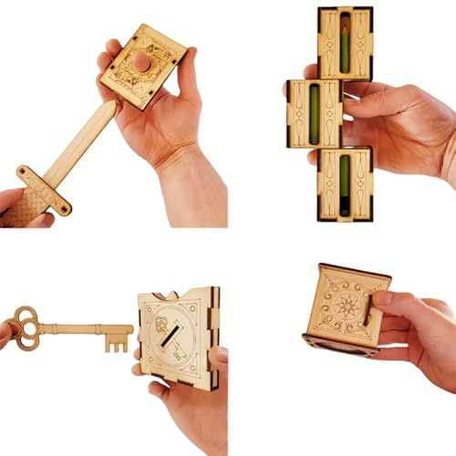 Juego de 4 piezas de magia de madera hechas a mano, caja de lápices mágica 2025, truco mágico de palabra a través de dedos, magia de llave a través de monedas, truco mágico de espada a través de