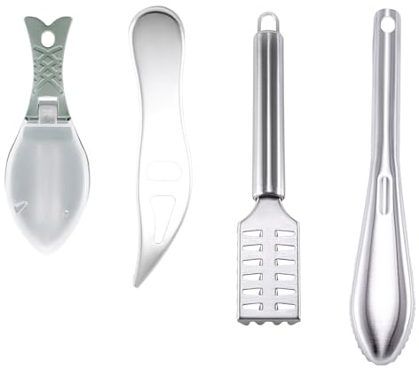 4Pcs Stainless Steel Fish Scaler Remover Set, Multifunctional Seafood Cleaning Tools with Scale Storage & Bottle Opener, Ergonomic Fish Descaler Kit for Kitchen & Camping