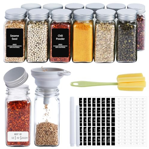 12 Pots à Épices en Verre Carré 120ml avec Insert Saupoudreur – Bocaux Épices Cuisine avec Étiquettes, Entonnoir, Marqueur et Brosse – Boite Épices Rangement Cuisine, Couverclesen Aluminium Argenté
