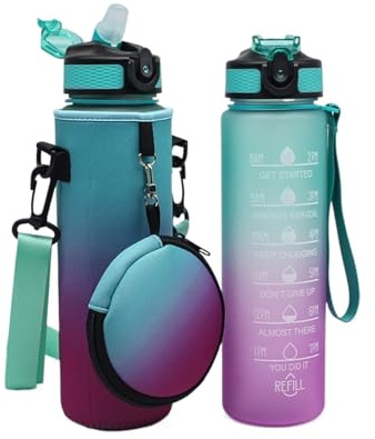 LCKKJHG Vattenflaska, väska, 1 000 ml, vattenflaska, flaska, väska, mugg, skydd, sport, tumbler, vattenflaska, fodral med huvudväska, campingtillbehör, (grön lila)