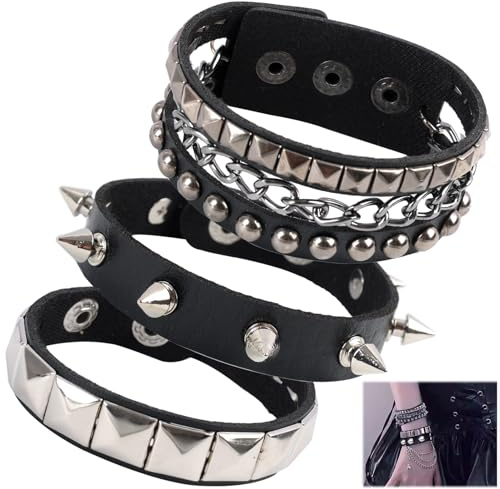 3 PCS Punk Rock Leather Bracelets Set, Studded Bracelet, Punk Accessories, Adjustable Studded Spike Cuff Bracelets for Men and Women, Vintage 80s Wristbands for Halloween, Parties, Concerts (BLACK)